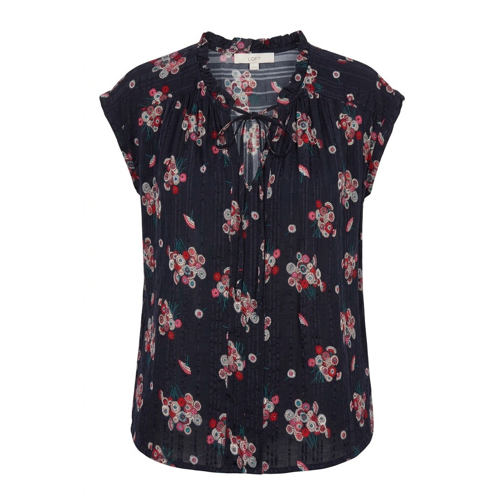 Loft‎ Black Floral Ruffle Neck Tie Front Dobby Stripe Sleeveless Blouse Small